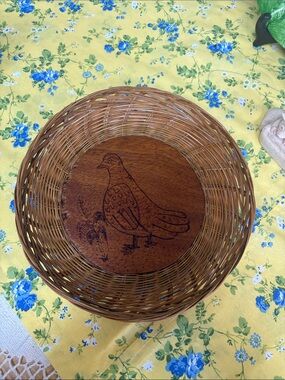 Unique Vintage Brown Woven Basket with Carved Bird Center